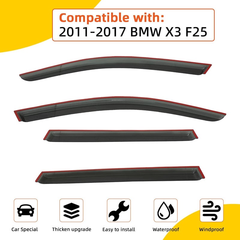 PLDDE Rain Guards Compatible with 2011-2017 BMW X3 F25 4-Door Tape-On Side Window Visor Wind Deflector Vent Visors Car Accessories - Image 2